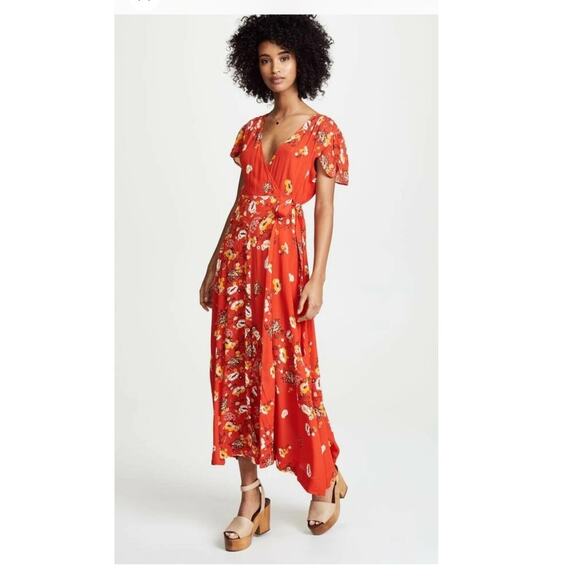 Free people Jess red maxi floral boho flutter sleeve wrap dress size XS - Picture 2 of 12